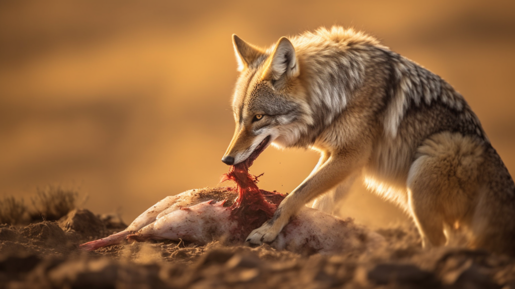 coyote eating a raw meat from a dead animal
