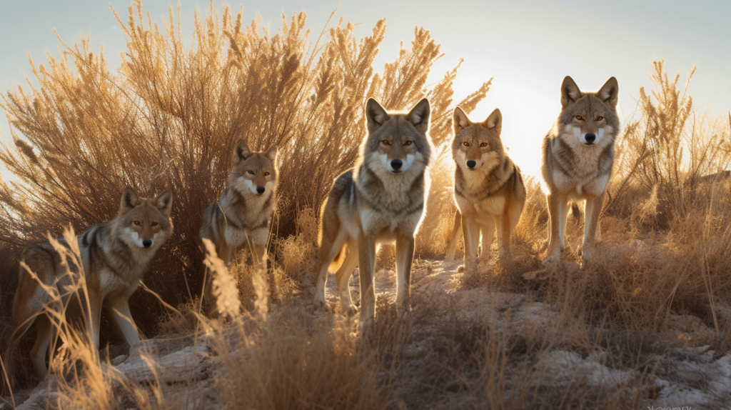 a pack of coyotes standing together