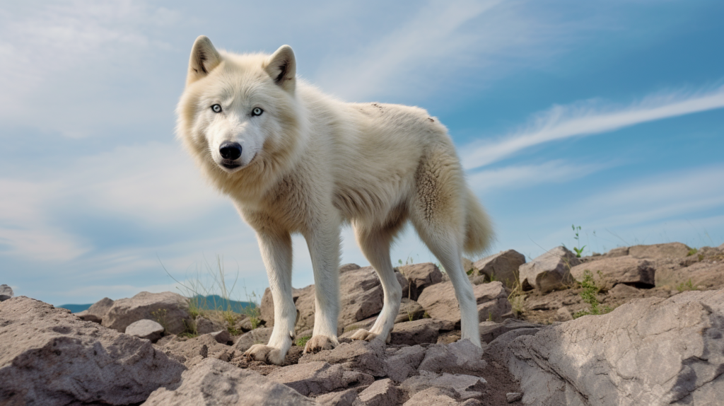 a white wolf in the mountains
