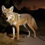 a coyote at night in a suburban street