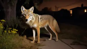a coyote at night in a suburban street