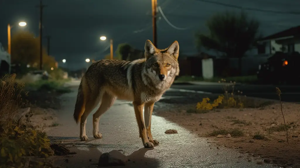 coyote in a city street at night