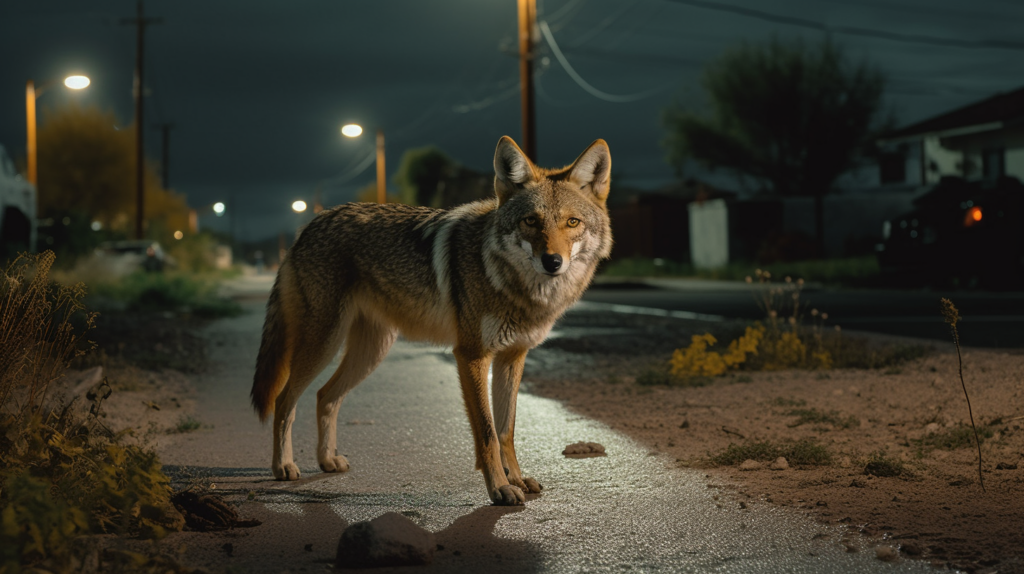 a coyote in a suburban neighborhood street