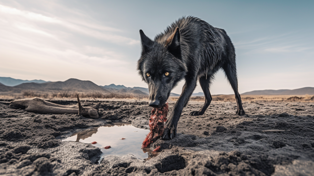 a black wolf eating raw meat from a recent kill