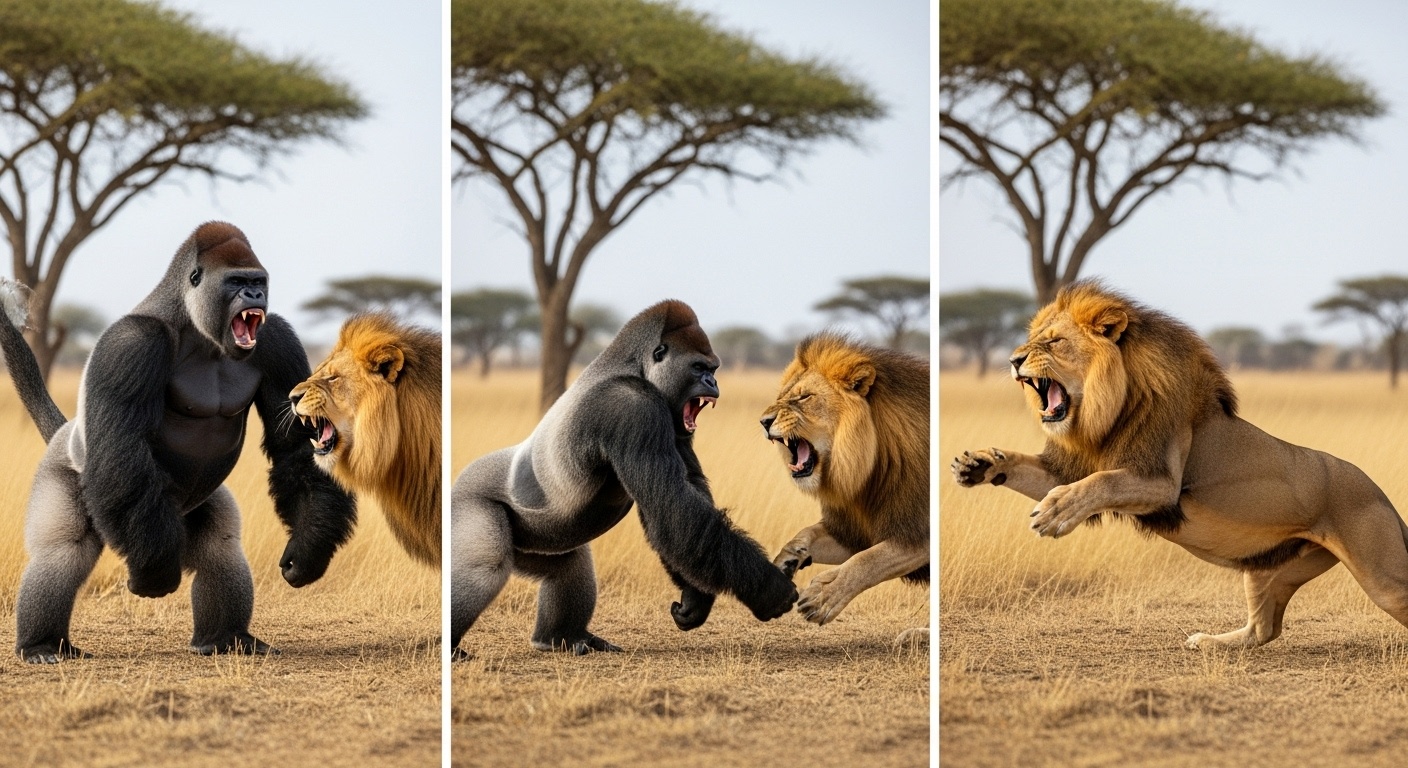 Action sequence illustration showing different phases of theoretical gorilla vs lion combat, emphasizing tactical positions and movement patterns