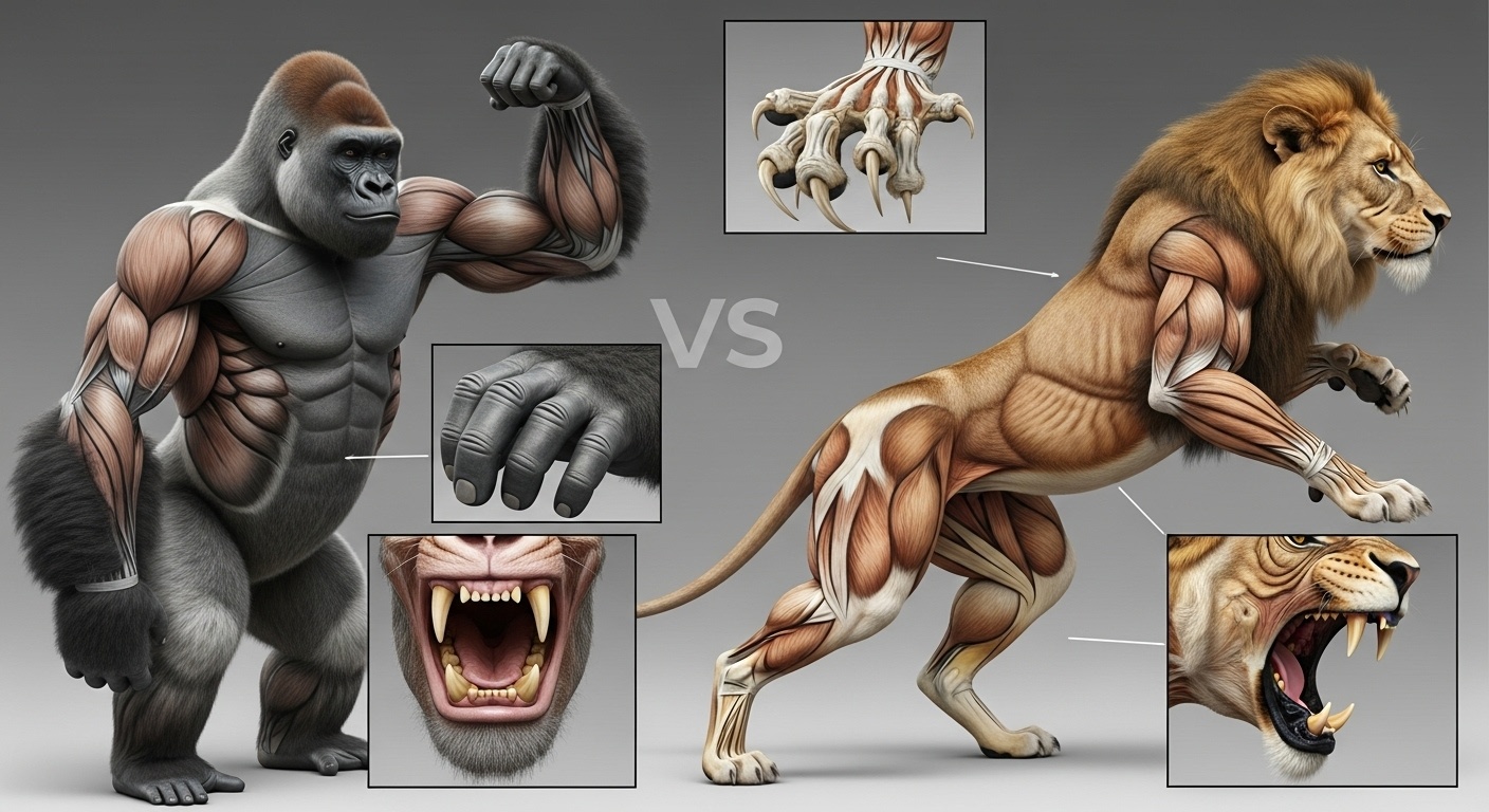 Detailed anatomical comparison highlighting muscle structure, claw mechanics, and jaw power differences between gorilla and lion for strength analysis