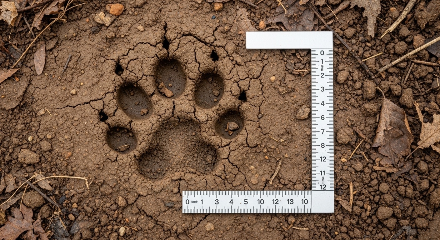 Example of properly documented mountain lion tracks in Missouri soil, showing measurement scale and clear pad and claw marks
