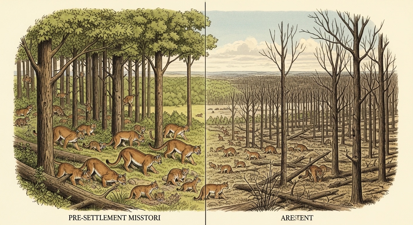 Historical illustration comparing Missouri's mountain lion population from pre-settlement times to present day, showing the dramatic decline and limited modern presence