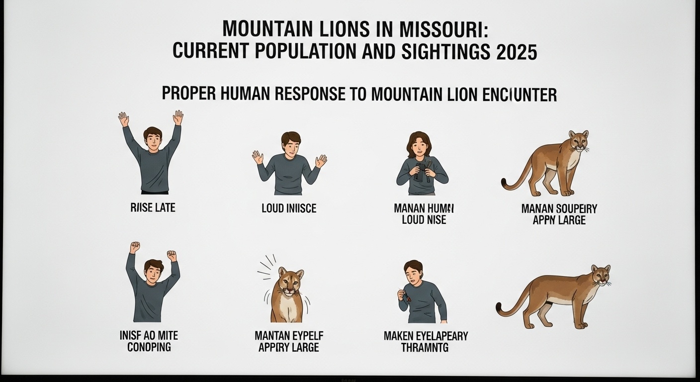 Infographic showing proper human response to mountain lion encounter, with illustrated steps for making oneself appear large and threatening