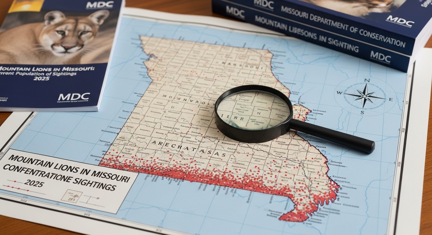 Missouri Department of Conservation map showing confirmed mountain lion sightings across the state, with concentration markers in southern Ozark counties