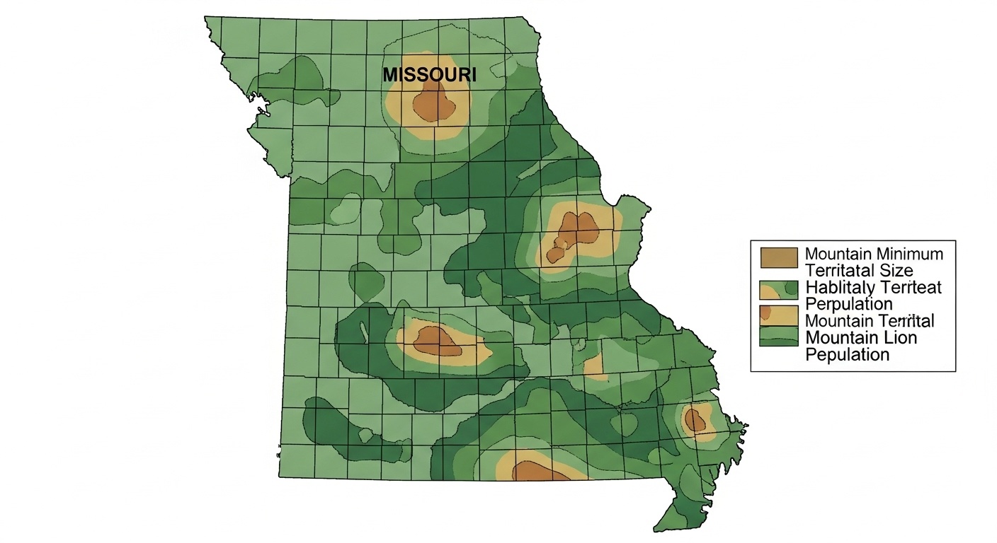 Scientific diagram showing mountain lion territory size requirements overlaid on Missouri county map, illustrating habitat fragmentation challenges