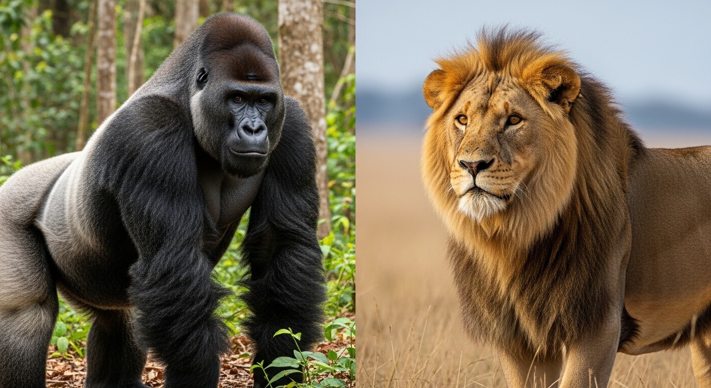 Side-by-side comparison of a massive silverback gorilla and male African lion in their natural habitats, showcasing their impressive muscular builds and intimidating presence for gorilla vs lion strength analysis