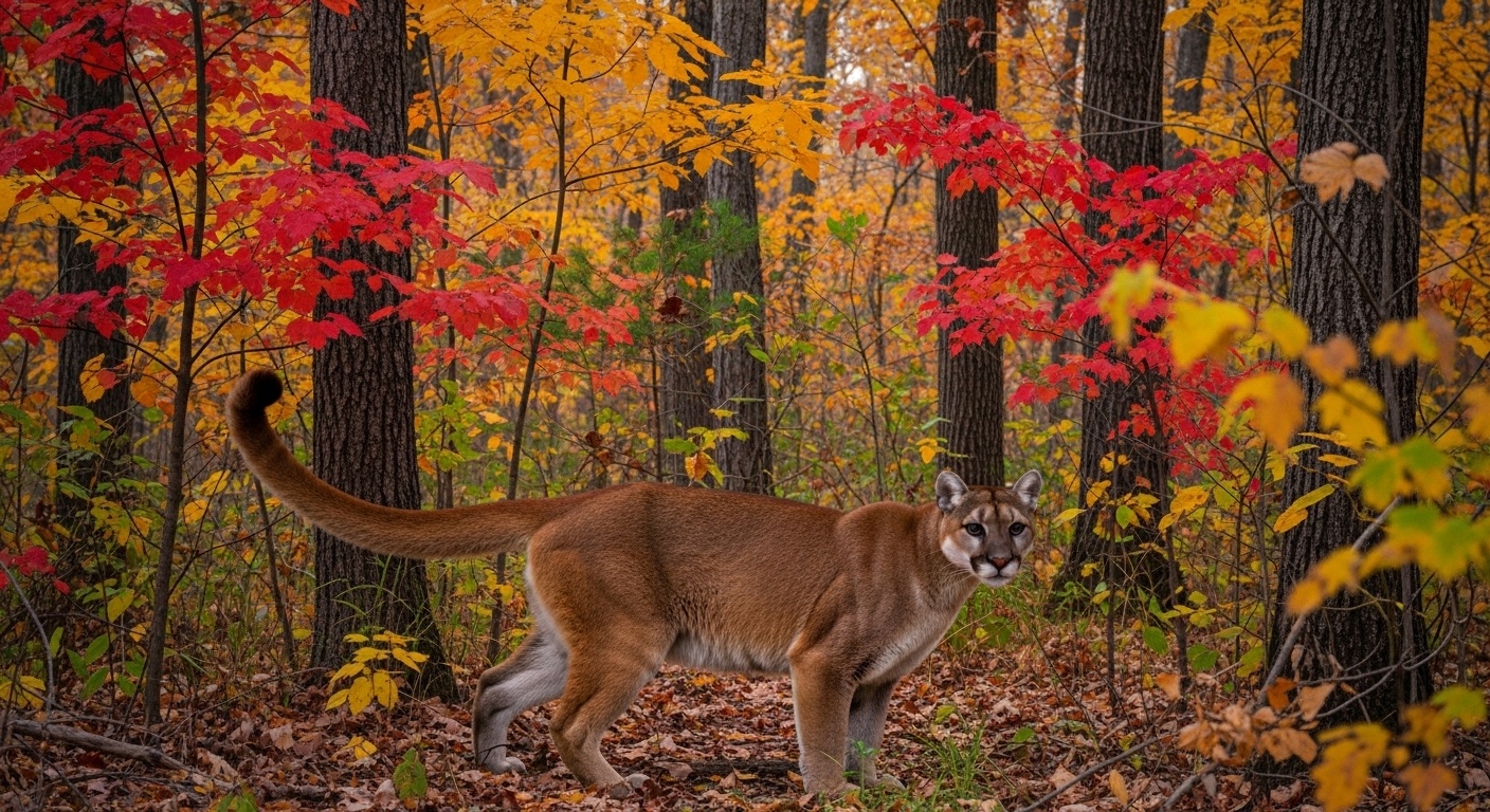 Trail camera photo of a mountain lion in Missouri forest during autumn, showing the animal's distinctive long tail and tawny coat against fall foliage