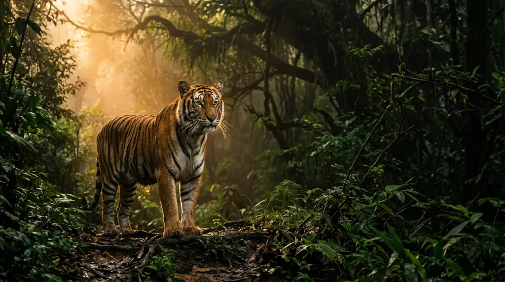 A cinematic ultra-wide photorealistic photograph of a Bengal tiger standing at the edge of a misty jungle at golden hour, facing slightly left, backlit by warm amber light filtering through dense forest canopy, shallow depth of field, rich greens and deep shadows in the background, the tiger sharp and powerful in the foreground